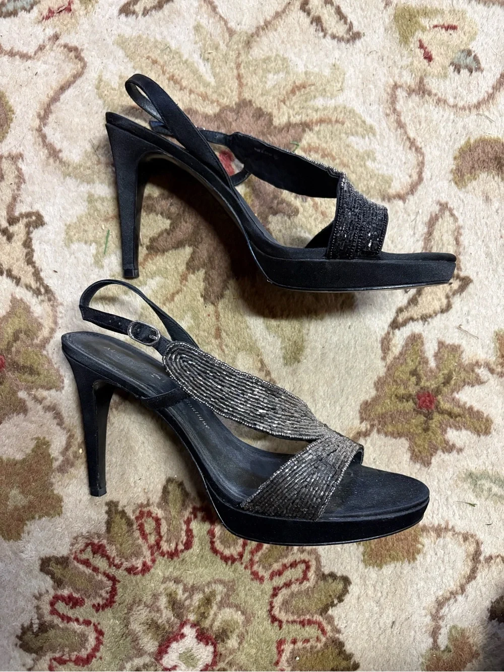 Papell Boutique Black and Silver Beaded Slingback Heels
